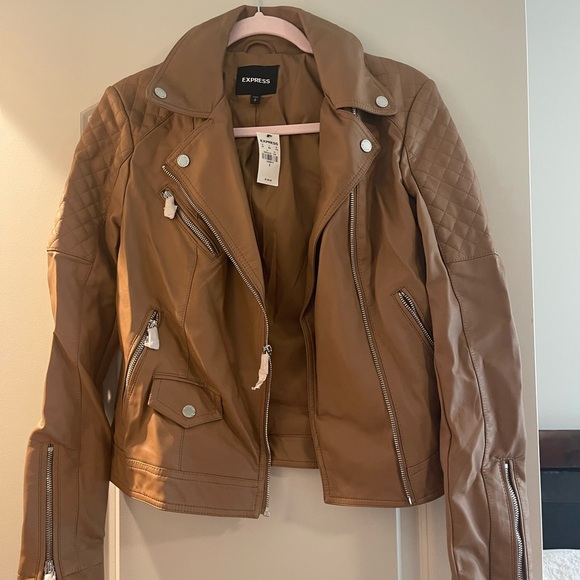 Express Women's Tan Faux Leather and Cotton Moto Jacket - Picture 1 of 5